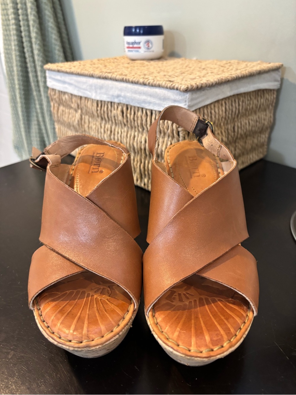 Born Tan Brown Leather Crisscross Wedge Sandals Size 7 Wide